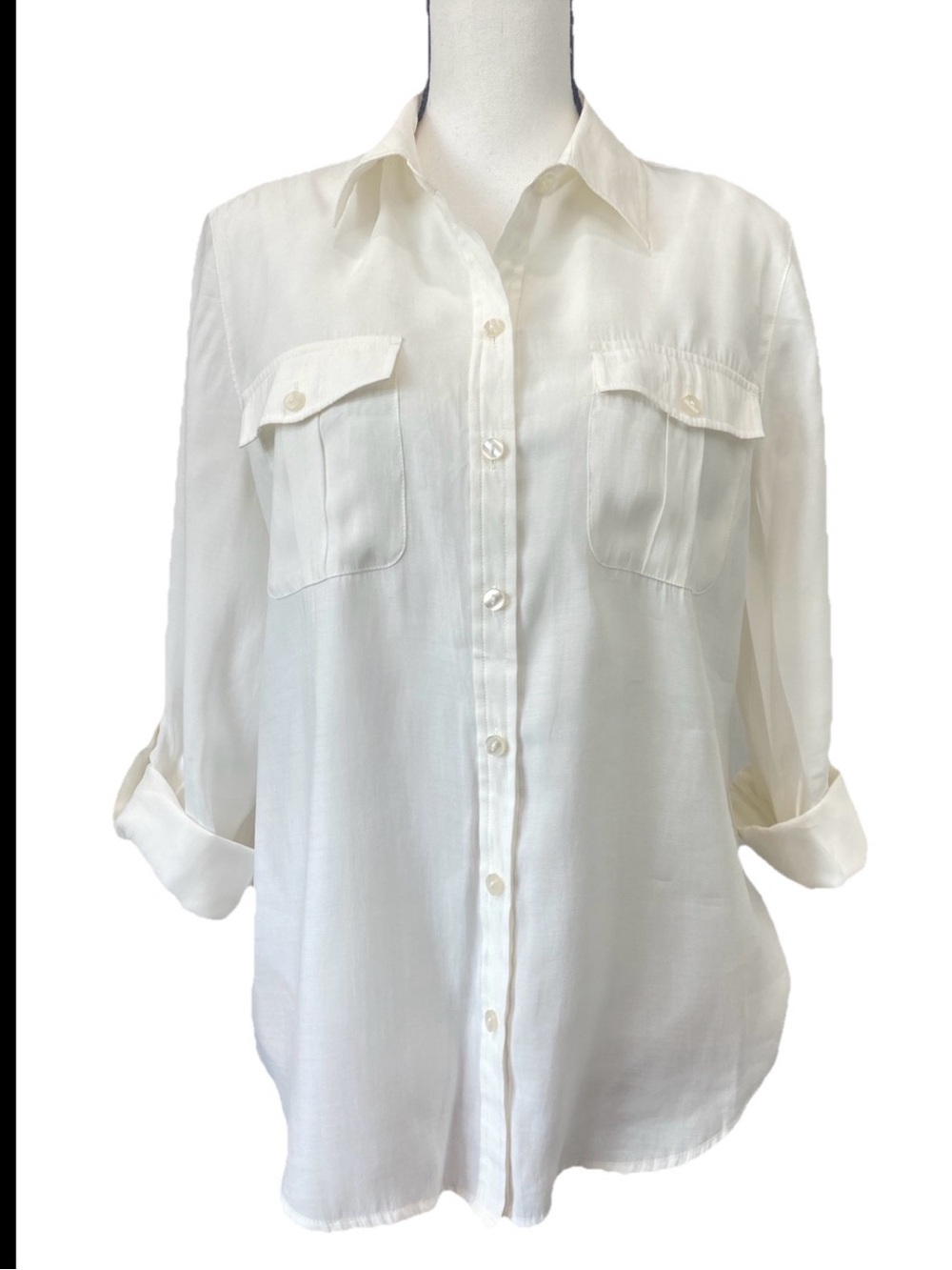 Chico's Ivory White Button Front Camp Shirt Size 1 Medium Roll Tab Sleeve Modal